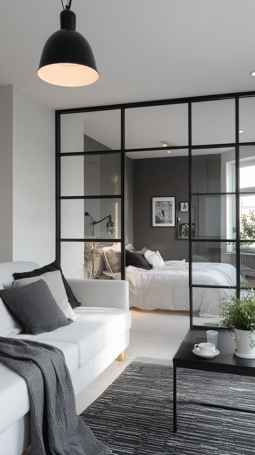 Monochrome one-bedroom apartment with high-contrast black, white, and gray palette