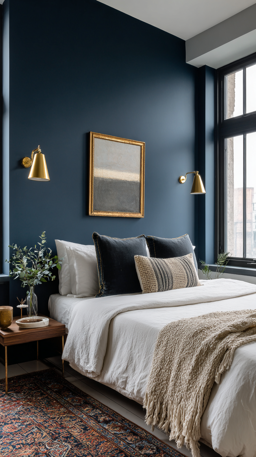 Moody loft-style one-bedroom apartment with deep ink blue walls and warm brass accents