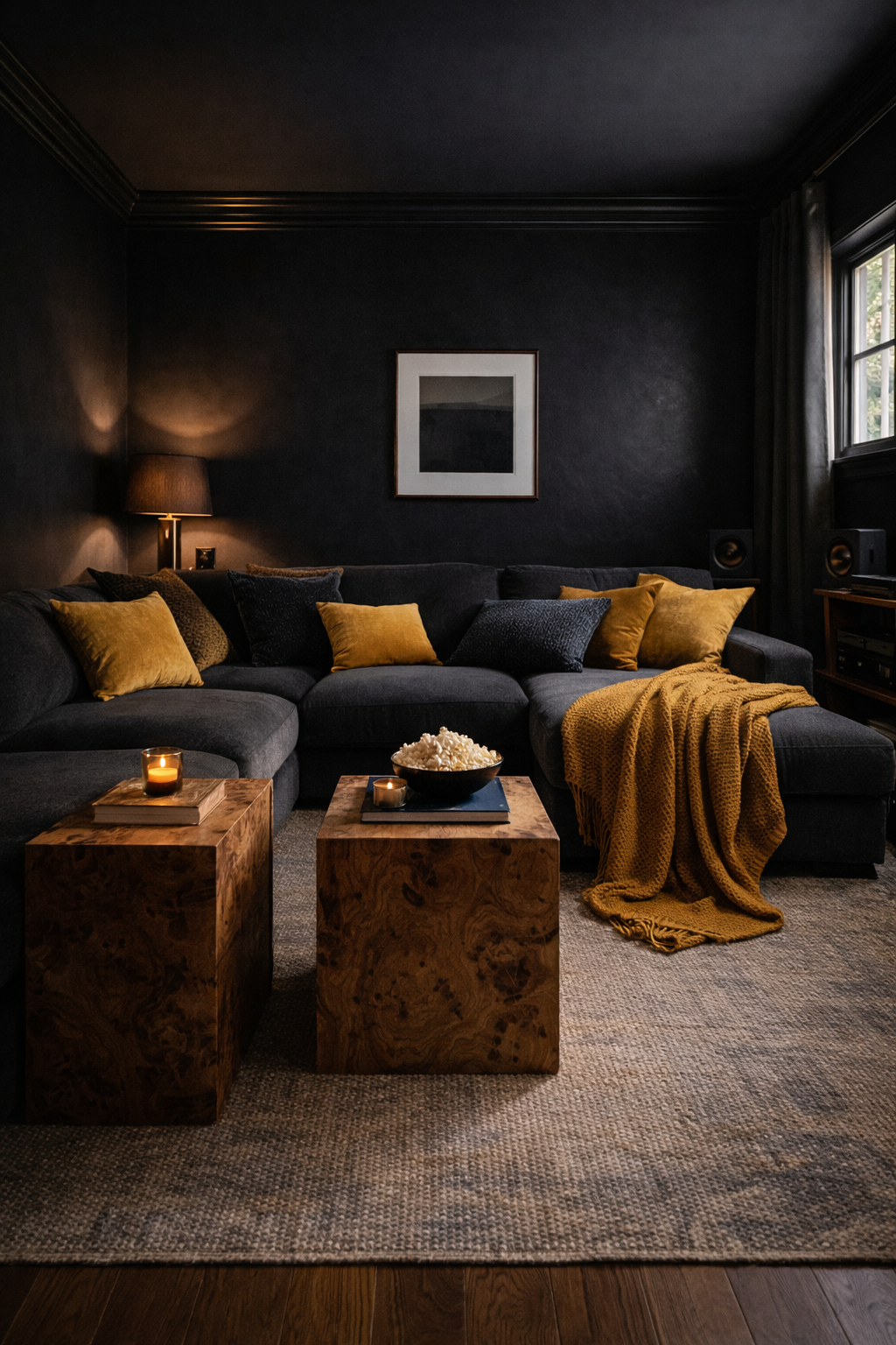 Moody media room with cozy accents