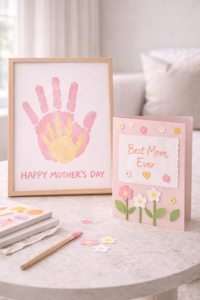 Mother's Day craft display with handprints