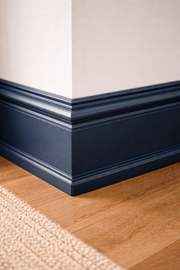 Navy blue baseboard against white wall