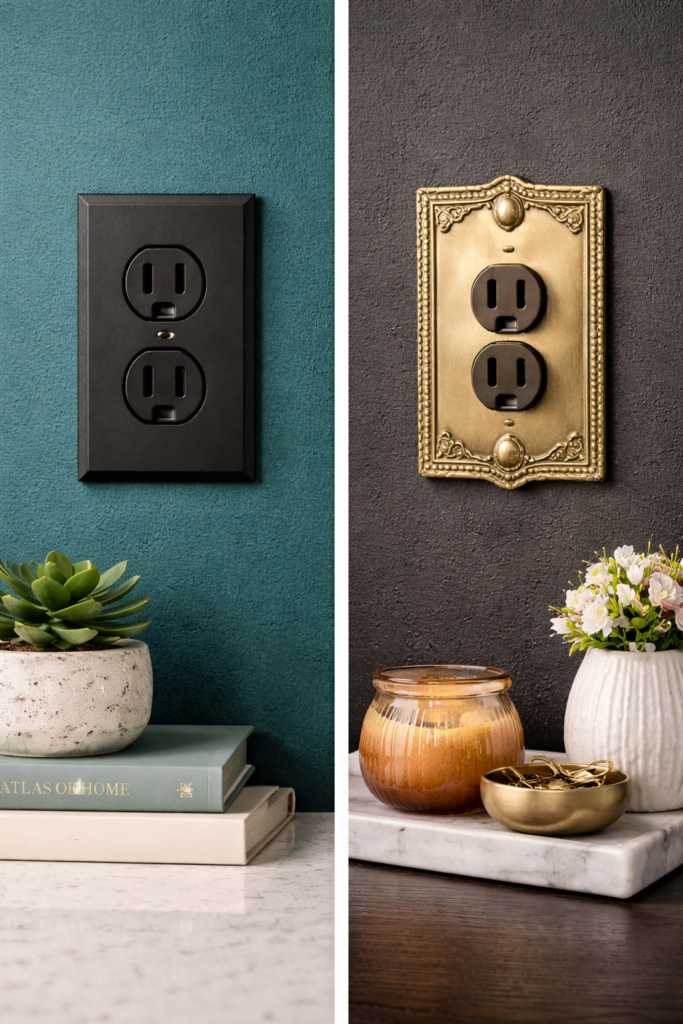 Outlet covers with contrasting styles