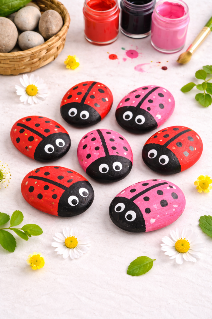 Painted ladybug rocks with daisies