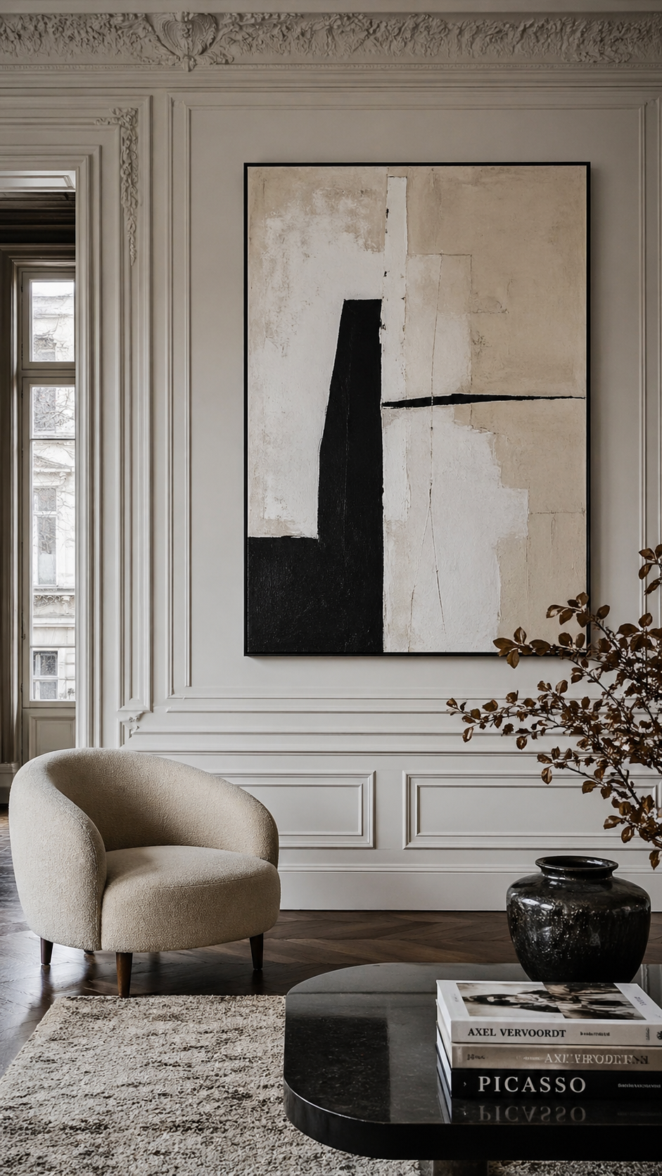 Paneled walls displaying modern abstract art in a transitional space