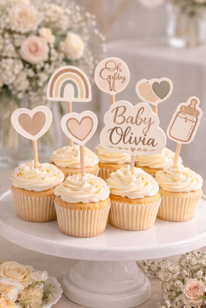 Pastel baby-themed cupcake display