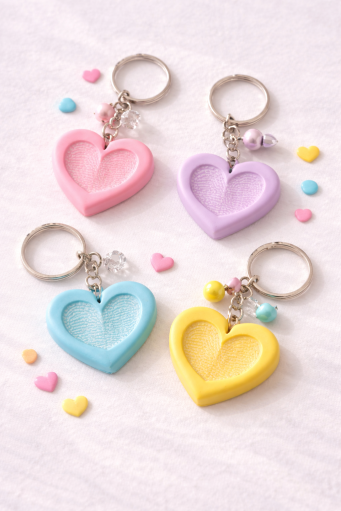 Pastel heart keychains with fingerprint details