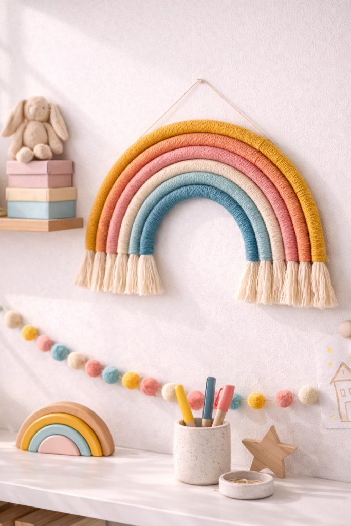 Pastel nursery with yarn rainbow decor