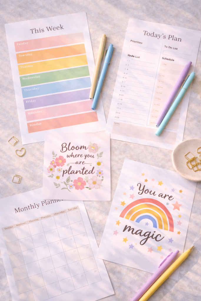 Pastel-planner flat lay with motivational art