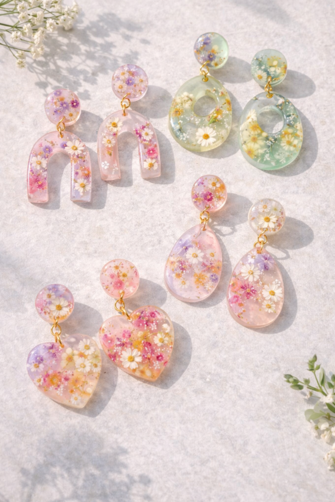 Pastel resin earrings with dried flowers