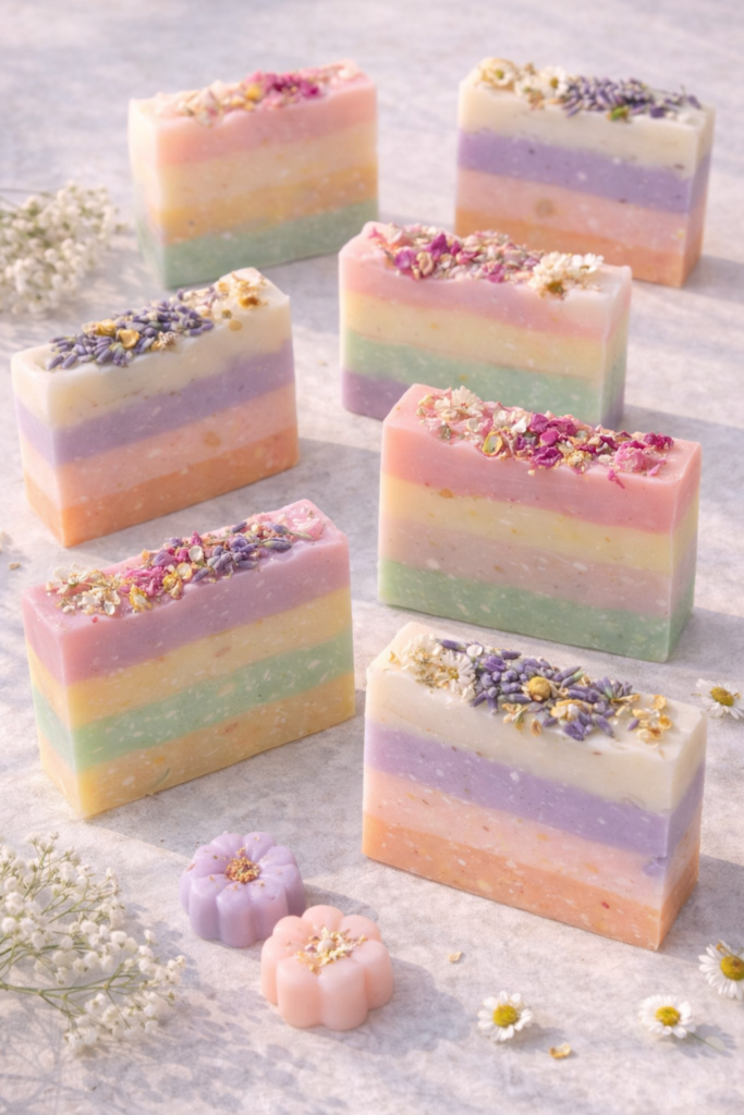 Pastel soap bars with botanical accents
