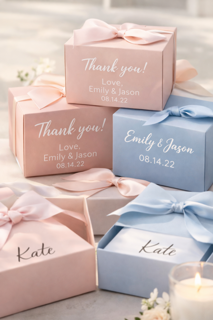 Personalized wedding favor boxes with ribbons