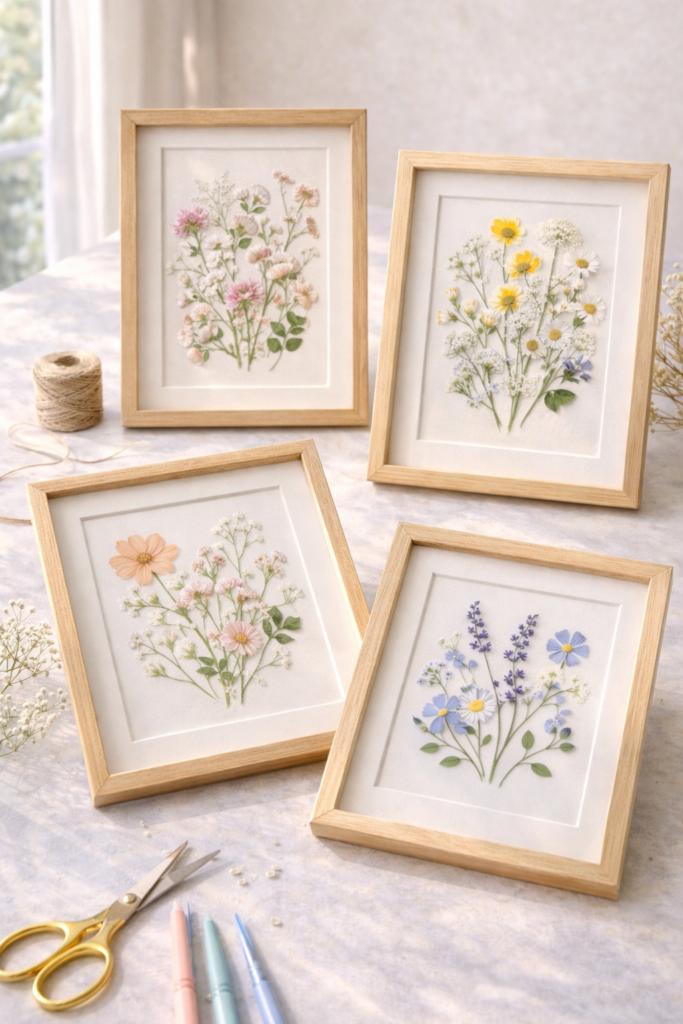 Pressed flower art on textured surface