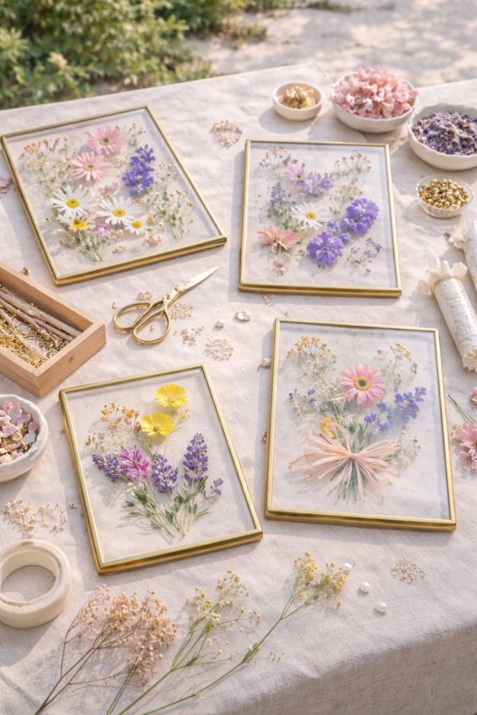 Pressed flower craft setup on table