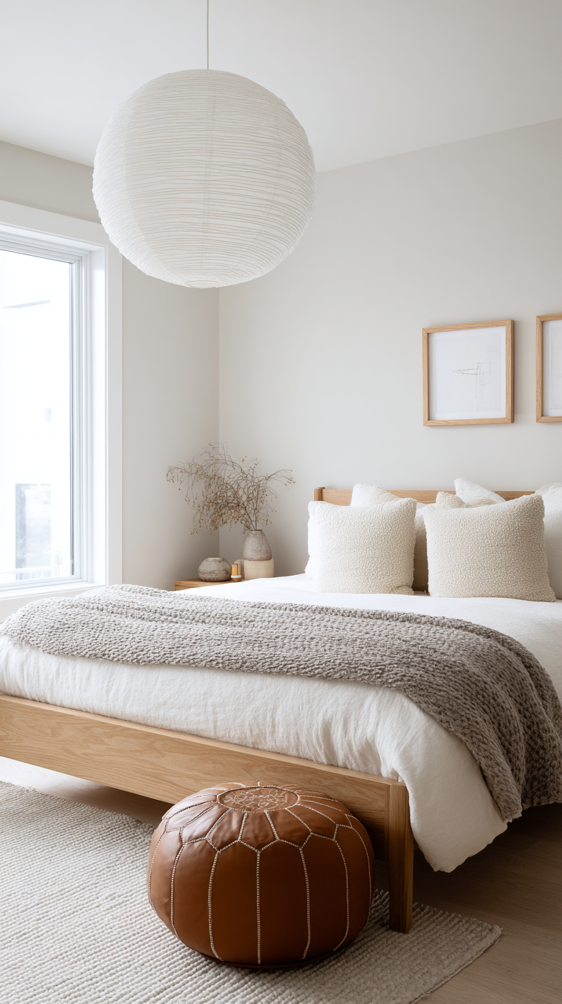 A bright Scandinavian-inspired bedroom with a white oak bed