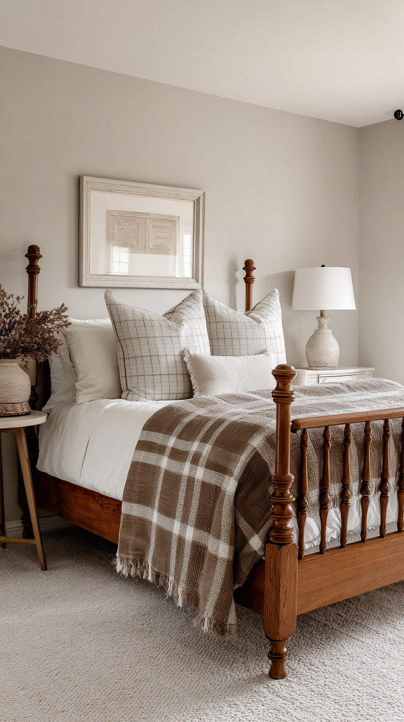 A charming farmhouse bedroom with a painted spindle bed in warm brown