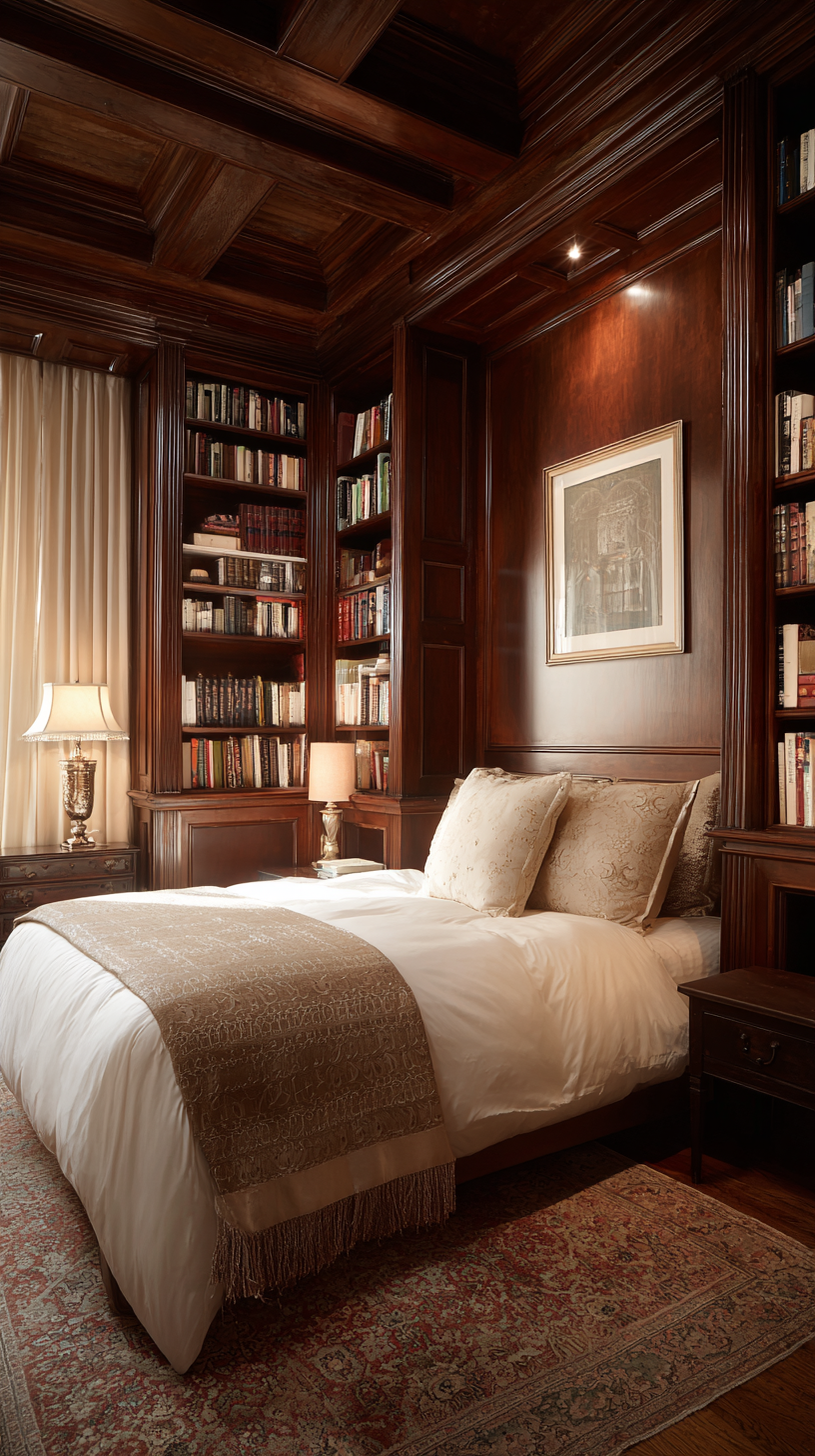 A cocoon-like bedroom with floor-to-ceiling dark wood bookshelves, mahogany tones