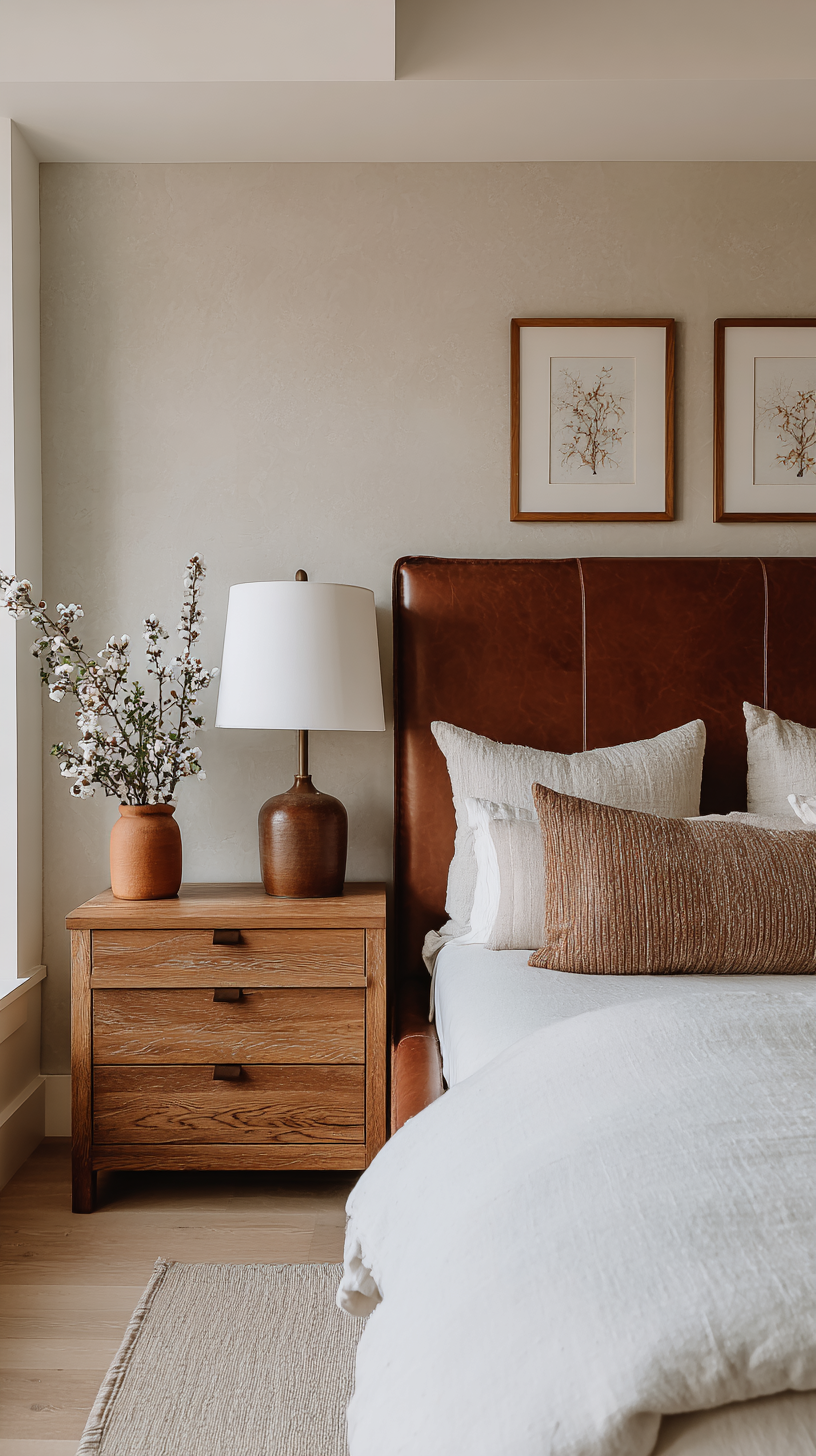 A cozy rustic bedroom with a cognac leather headboard, reclaimed wood nightstands