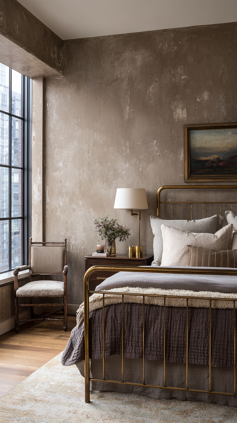 A moody urban bedroom with textured brown plaster walls, a metal-framed bronze bed