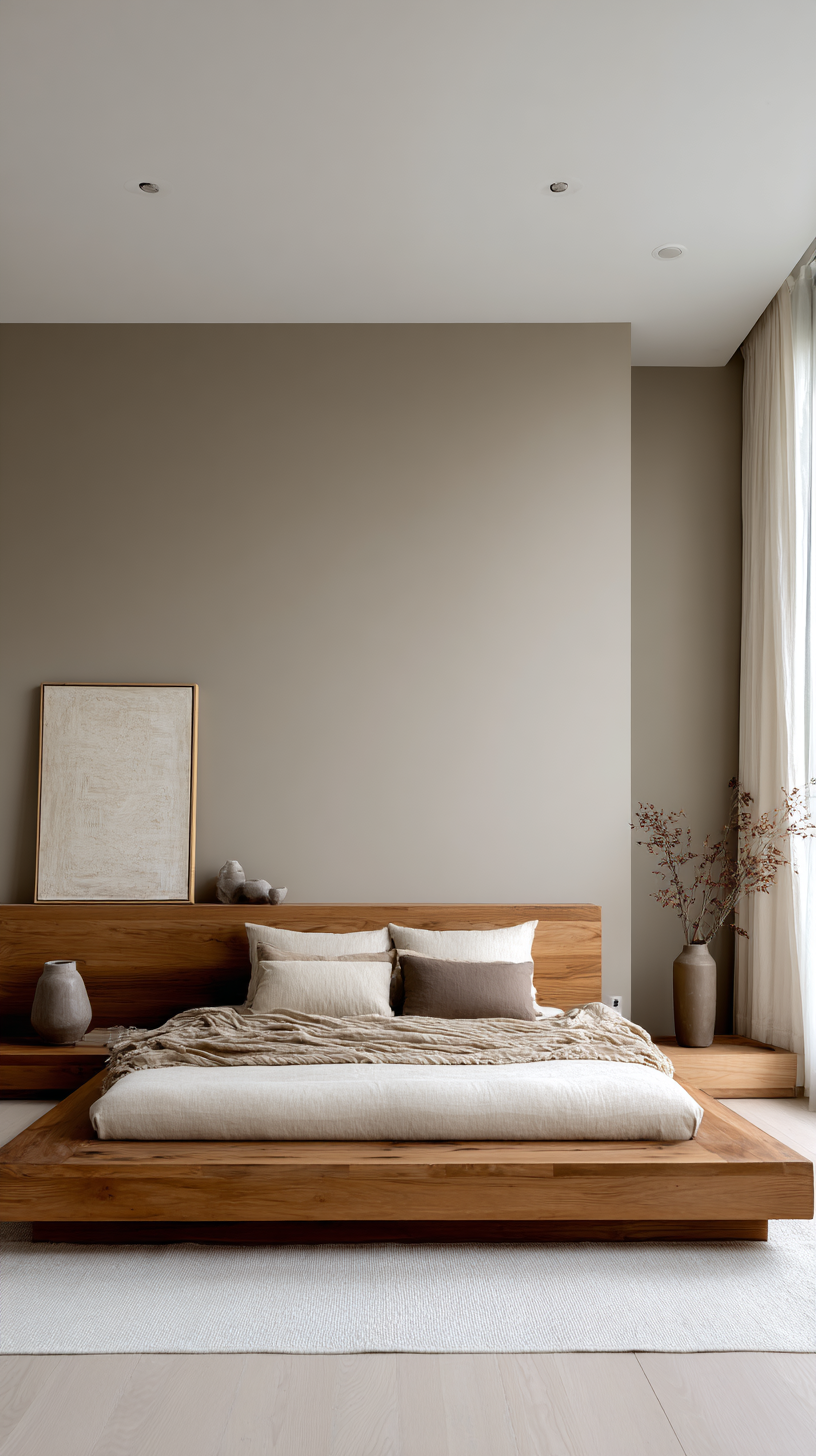 A serene minimalist bedroom with mocha greige walls, a low-profile warm wood platform bed