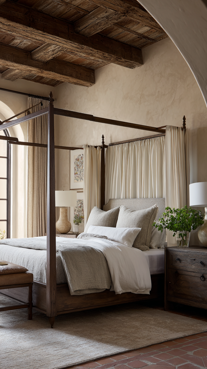 A sun-baked Mediterranean bedroom with a walnut canopy bed
