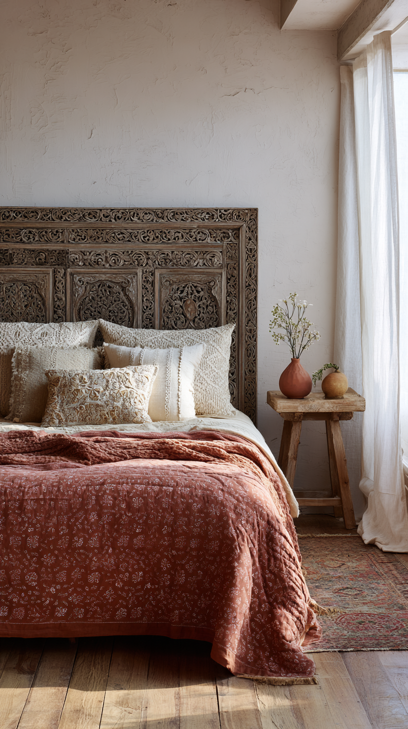 A sun-warmed boho bedroom with a carved wood headboard