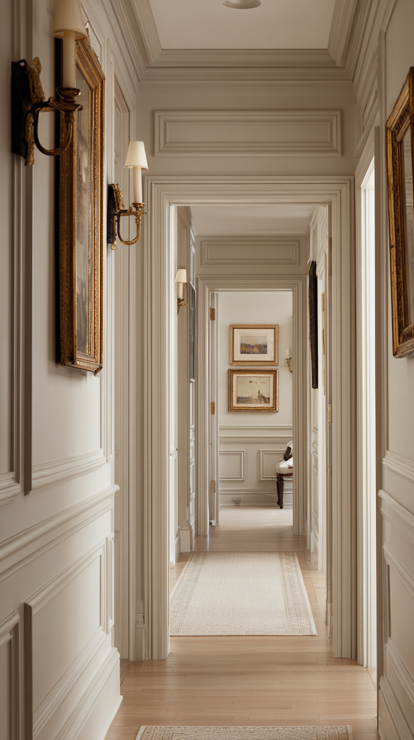 Artful hallway with classic picture-frame molding applied to walls and painted in a soft tonal neutral for subtle dimension