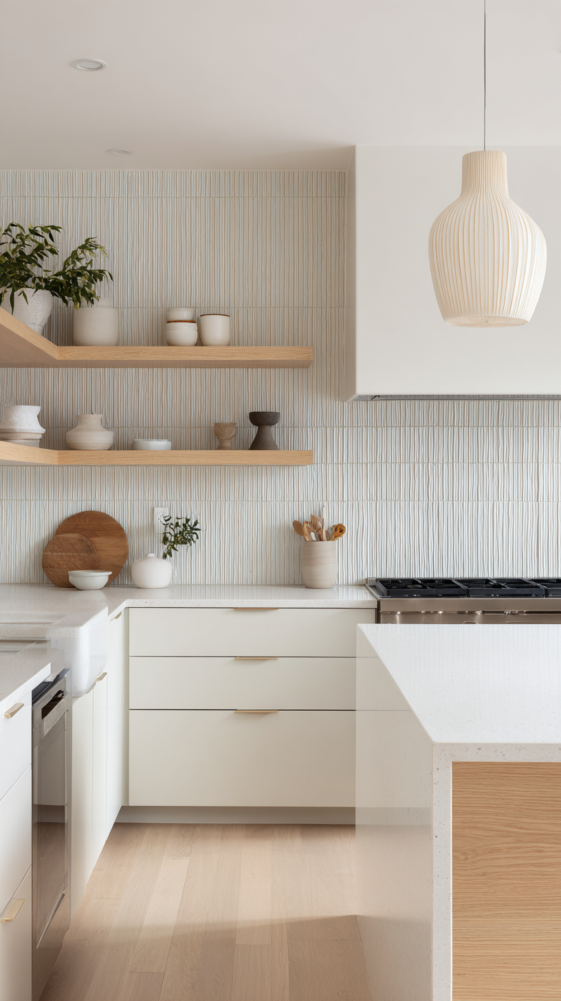 Bright Scandinavian kitchen with matte white cabinets and white quartz countertops with subtle speckling, natural pale oak open shelves and light wood flooring, vertical textured white backsplash resembling zellige tile