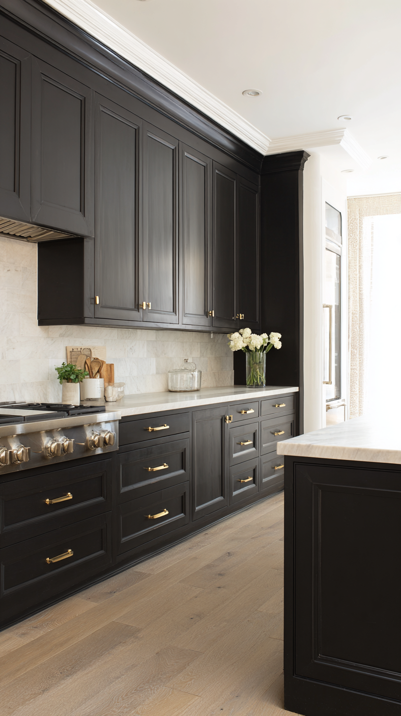 Classic black kitchen with soft black shaker cabinets, warm unlacquered brass hardware with subtle patina, creamy veined quartzite countertops