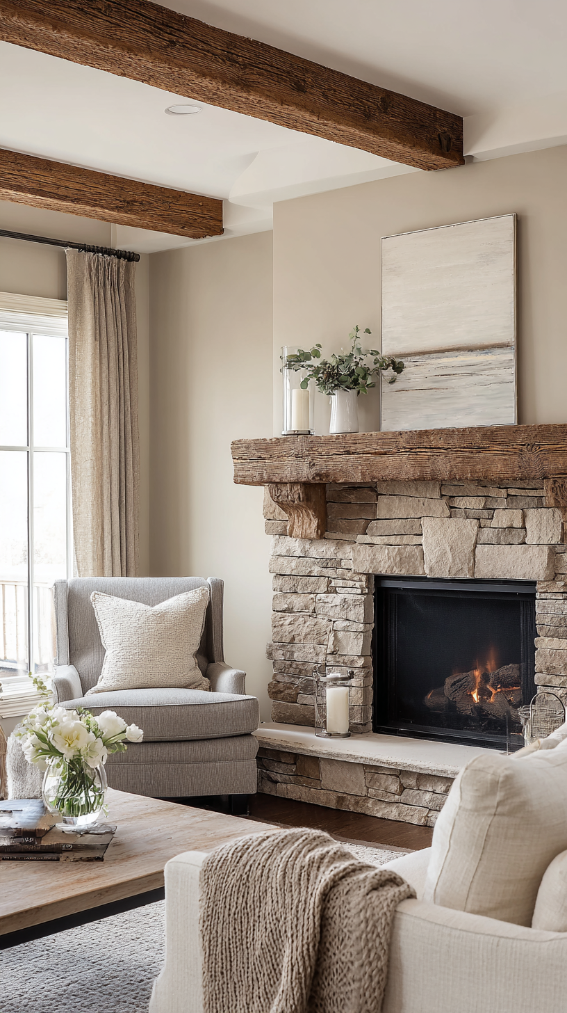 Cozy hearth room with a stacked stone fireplace and a chunky reclaimed wood beam mantel, warm neutral walls with subtle texture