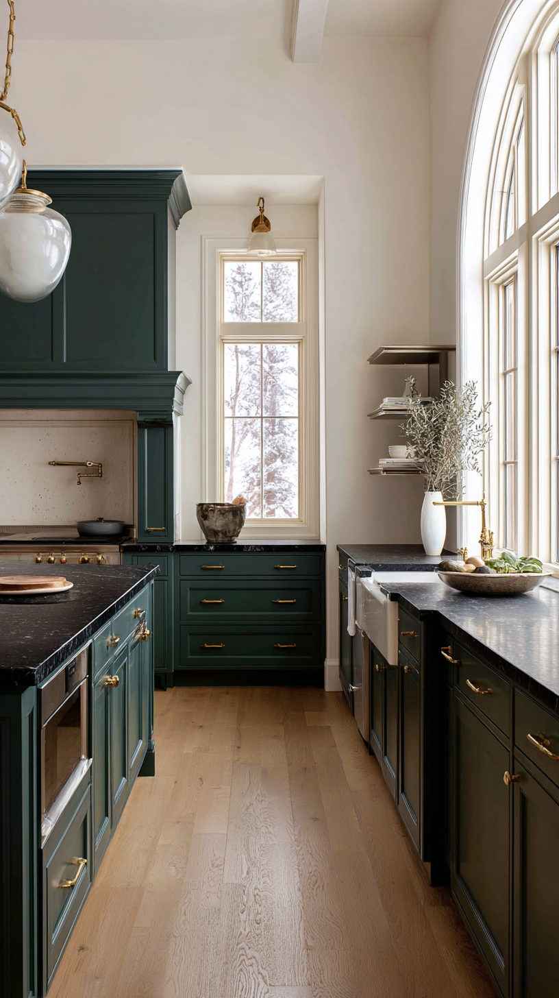 Elegant kitchen with deep forest green cabinetry, soapstone or honed black granite countertops, and creamy white walls with warm undertones, aged brass hardware