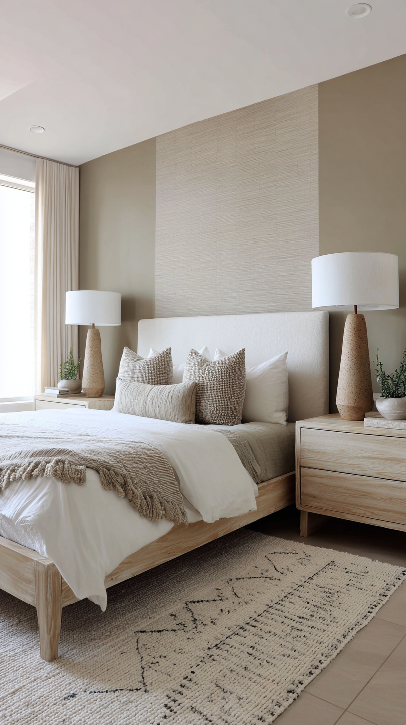 A serene desert-modern bedroom with a soft umber feature wall, bleached wood nightstands