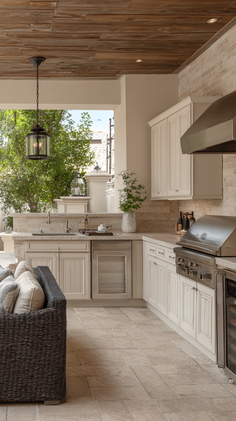 Large outdoor U-shaped kitchen with separate cooking and beverage zones, built-in grill