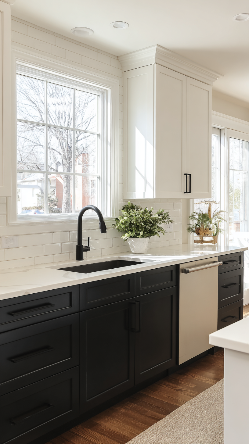 Modern high-contrast kitchen with ink black lower cabinets and bright white upper cabinets, glossy white tile backsplash