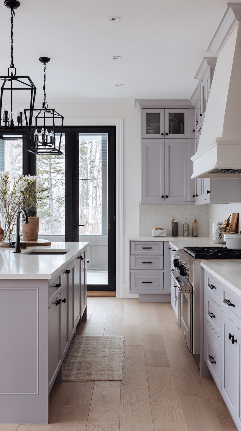 Modern kitchen with muted lavender-gray cabinets paired with matte black hardware