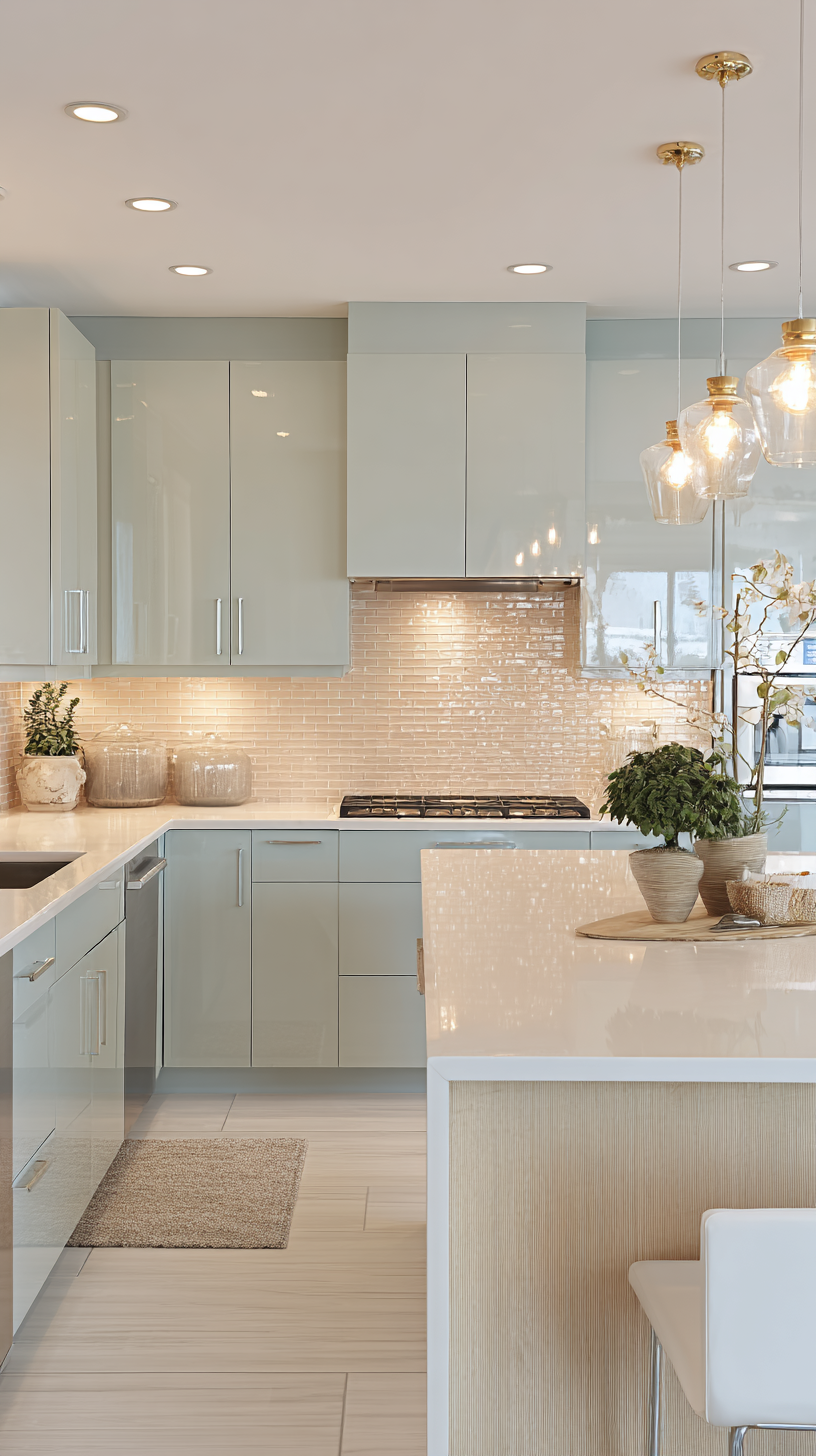 Modern kitchen with soft pistachio or pale blue cabinets, glossy peach square tile backsplash 