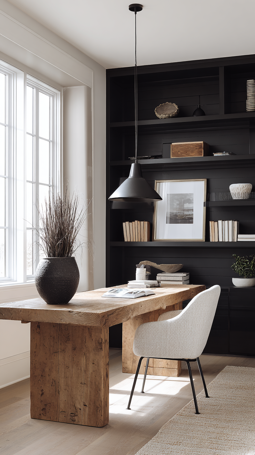 Modern rustic home office with a monochrome wood palette, slab wood desk with clean edges and matte powder-coated metal legs