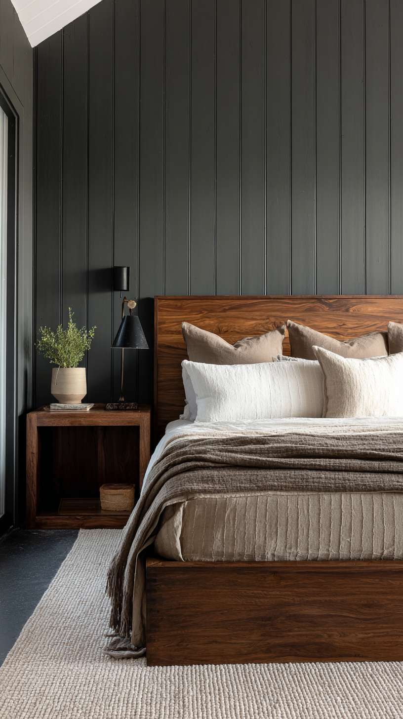 Moody cabin-style bedroom with deep charcoal vertical shiplap or limewash walls, rich walnut platform bed with a simple low-profile headboard