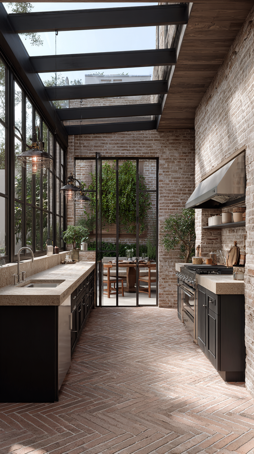 Outdoor kitchen under a glass pergola with steel framing, vertical herb garden wall, brick herringbone flooring