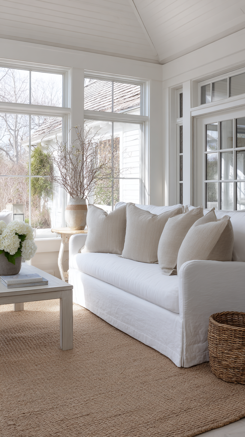 Relaxed sunroom filled with natural light, airy indoor-outdoor space with a slipcovered loveseat