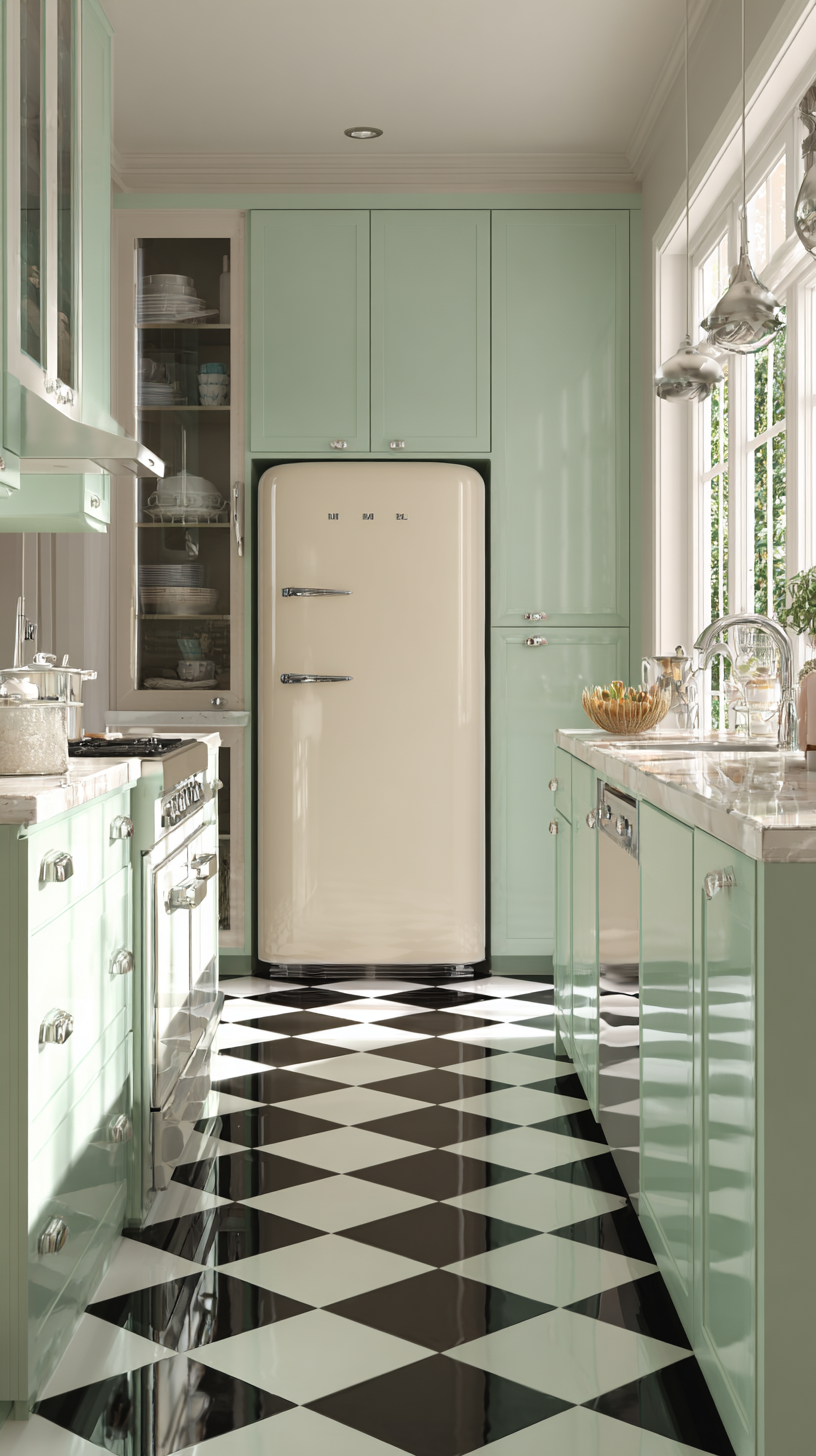 Retro diner-inspired kitchen with creamy mint green cabinets, chrome hardware and accents, black-and-white checkerboard flooring, rounded retro-style fridge in mint