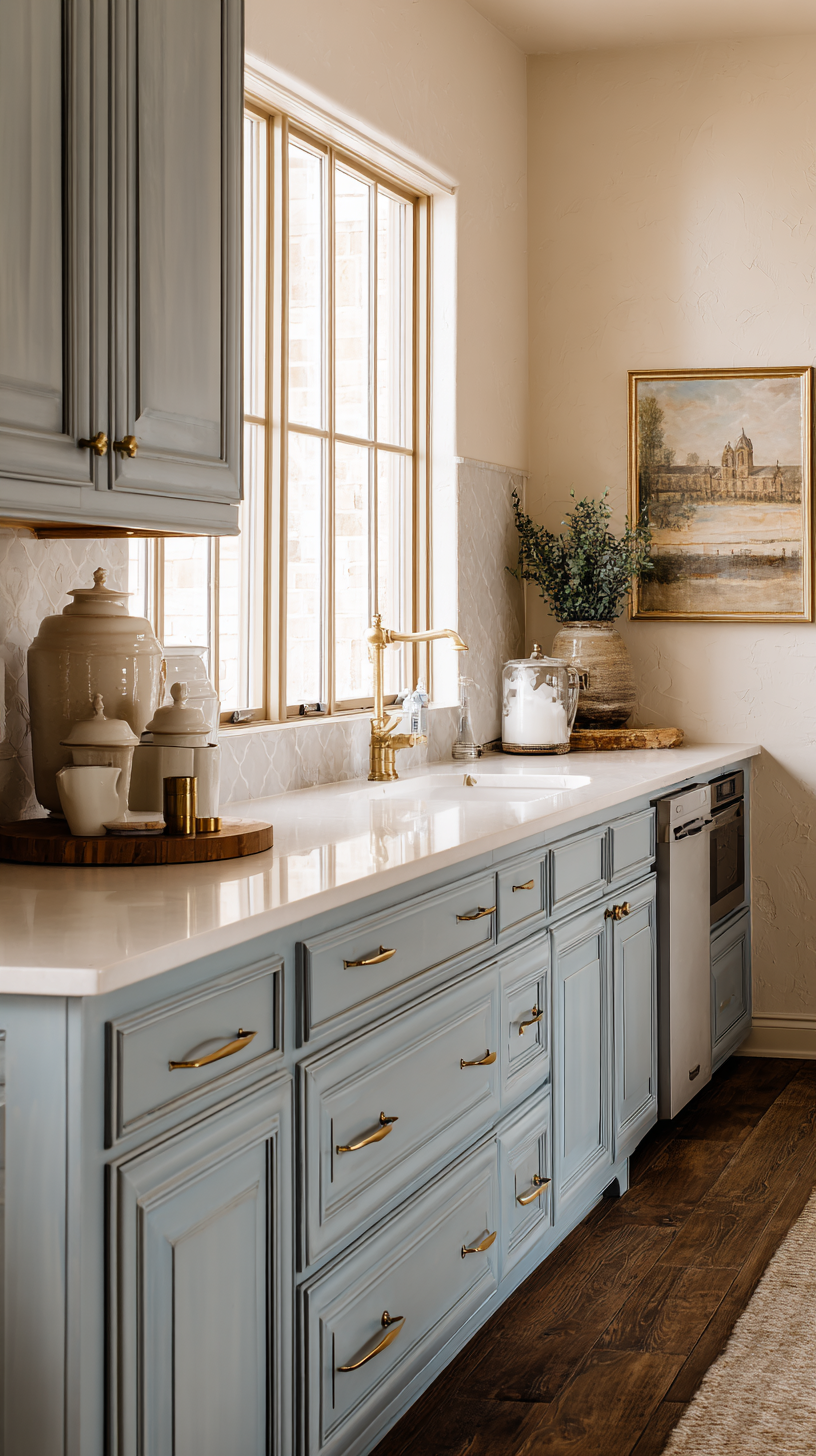 Rustic French-inspired kitchen with dusty blue cabinets