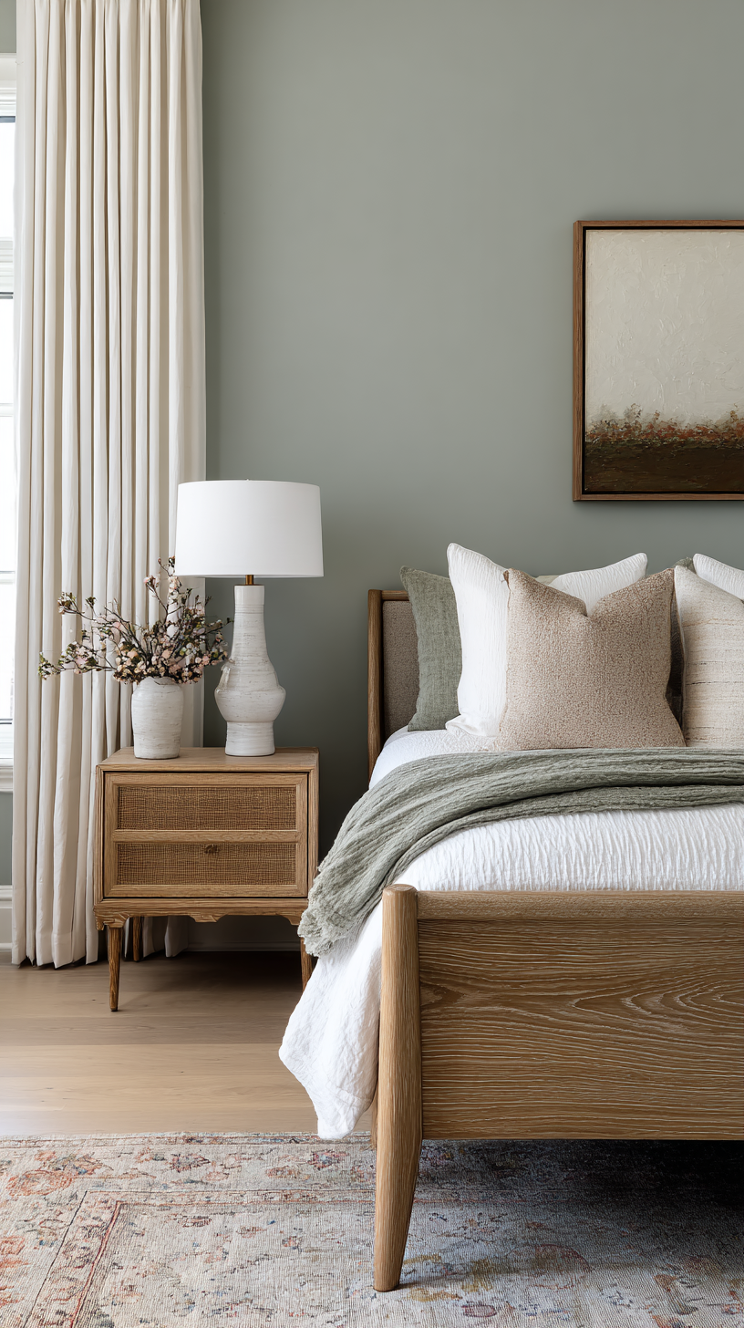 Serene guest bedroom with a soft sage, warm white, and smoked oak color palette, simple wood bed with tapered legs as the focal point