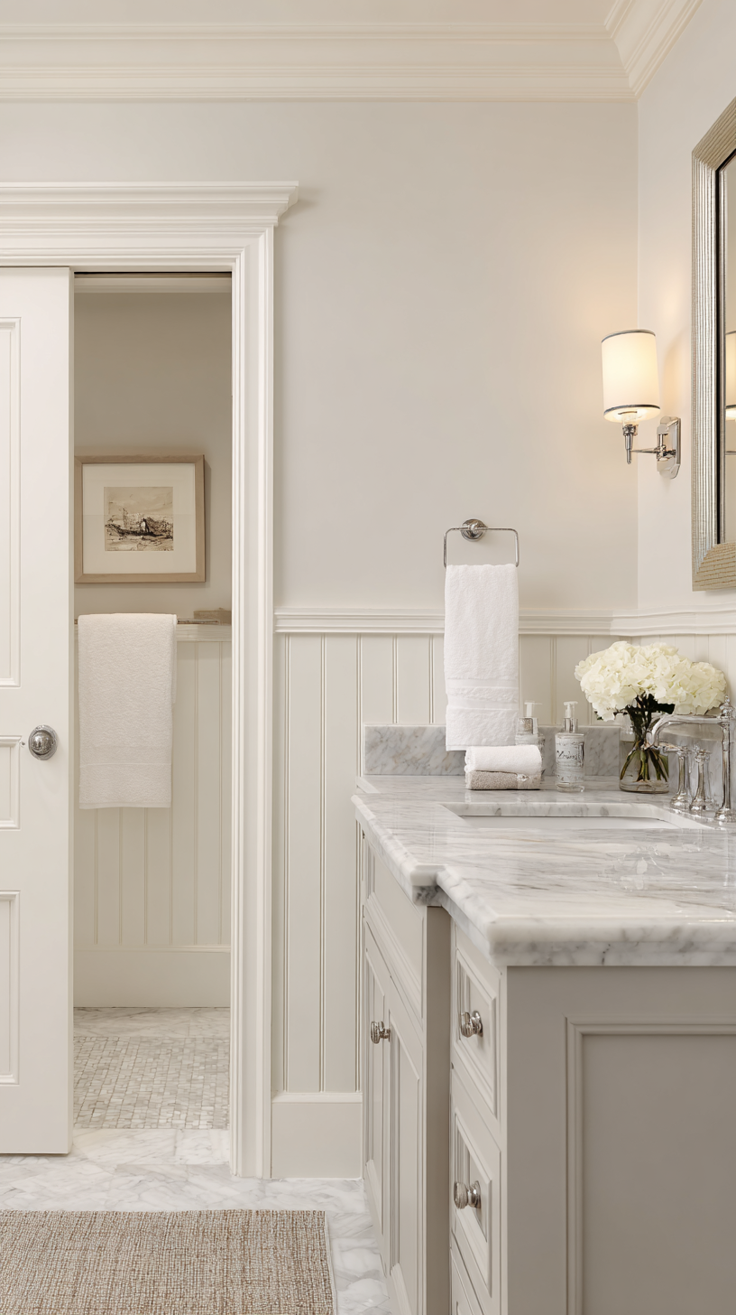 Spa-like bathroom with warm white walls and classic trim, beadboard wainscoting adding subtle texture, greige inset-panel vanity