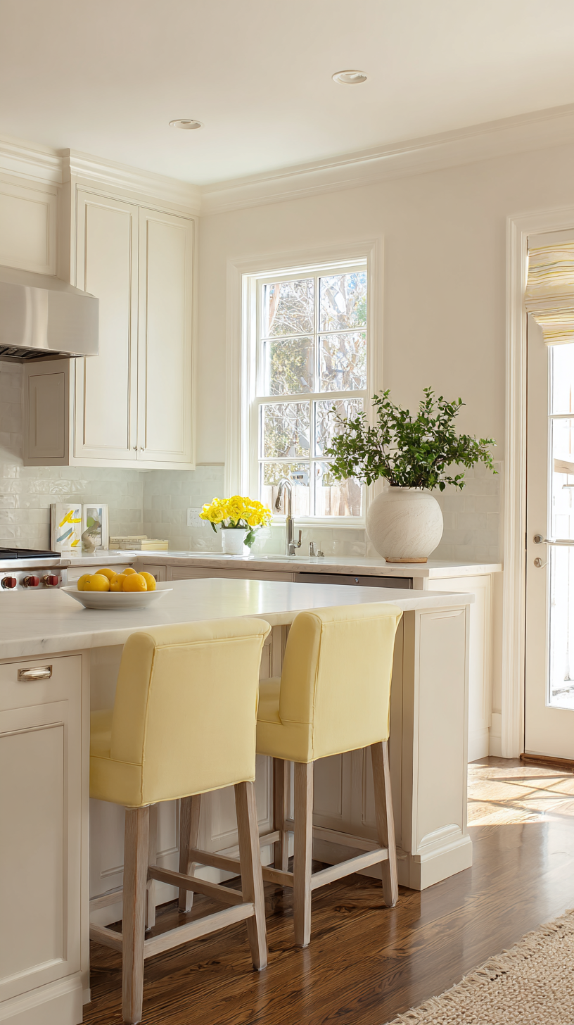 Sunlit kitchen with warm cream or vanilla cabinets, styled with soft citrus accents including lemon yellow barstools