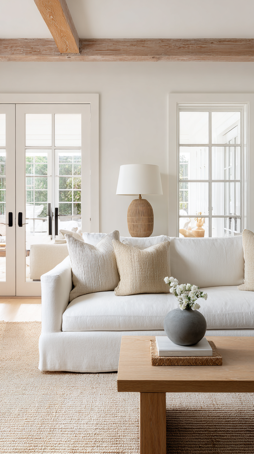 Rustic modern design - Sunlit modern farmhouse living room with soft white walls and warm oatmeal tones, low-profile linen sofa