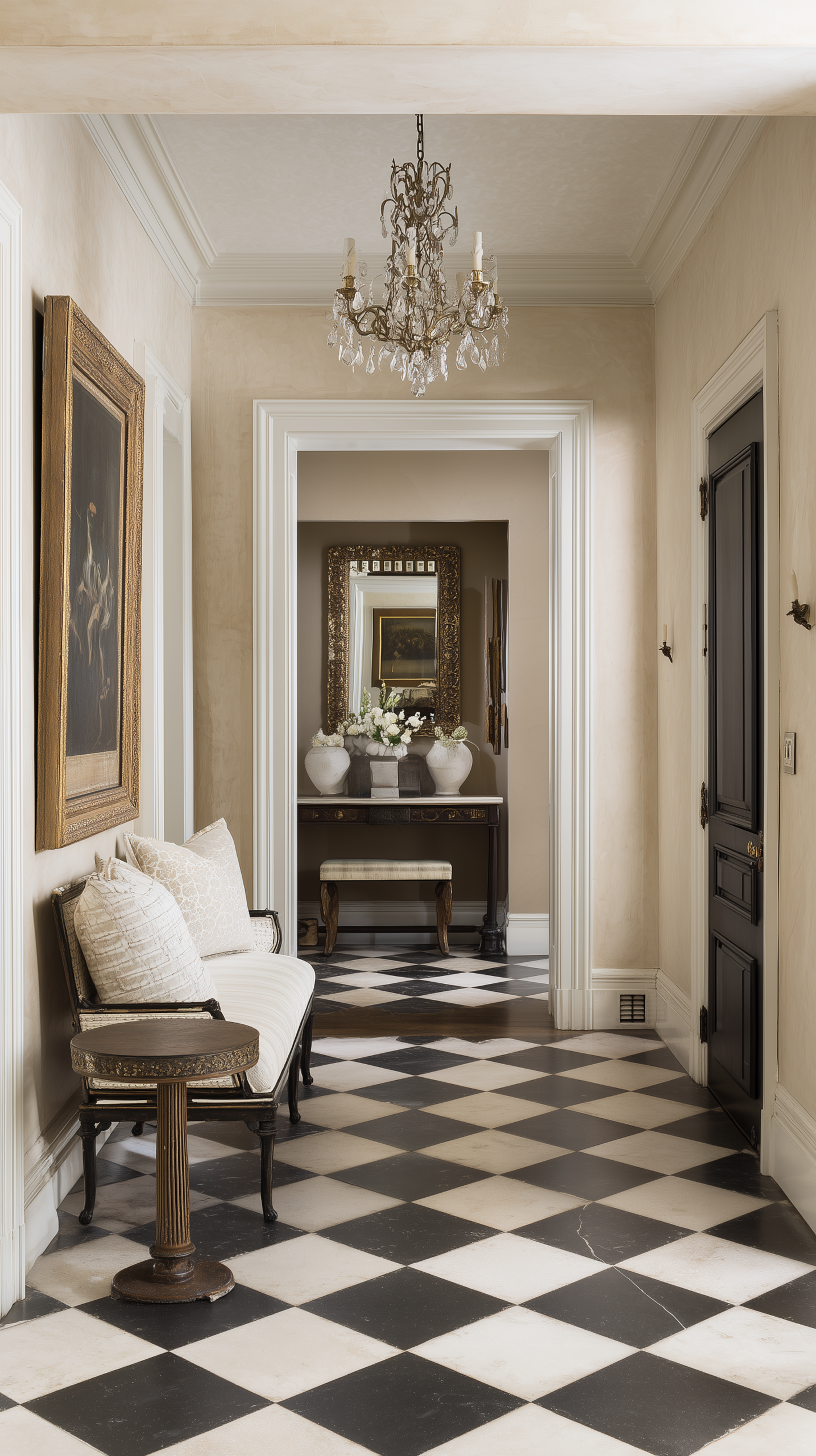 Elevated entryway with large-format checkerboard stone flooring in honed limestone and deep soapstone