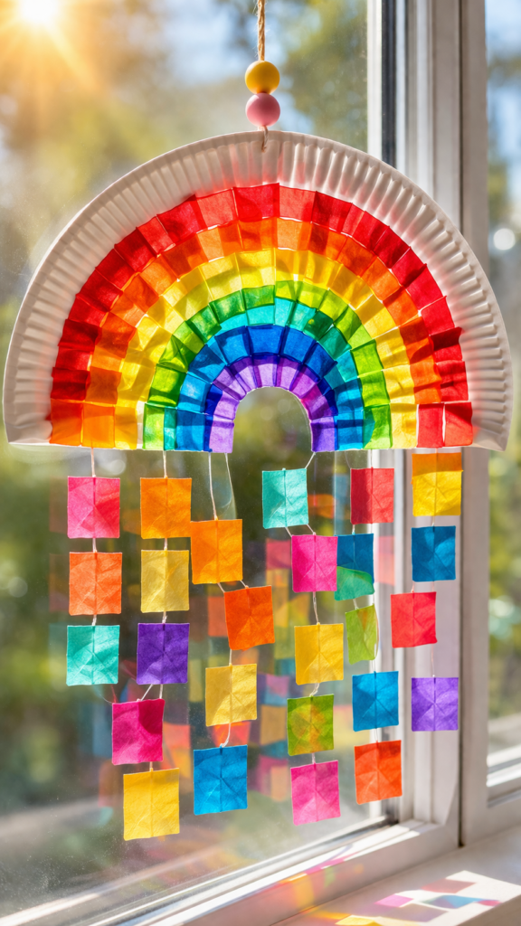 Rainbow sun catcher in sunlight - Paper Plate Crafts for Kids