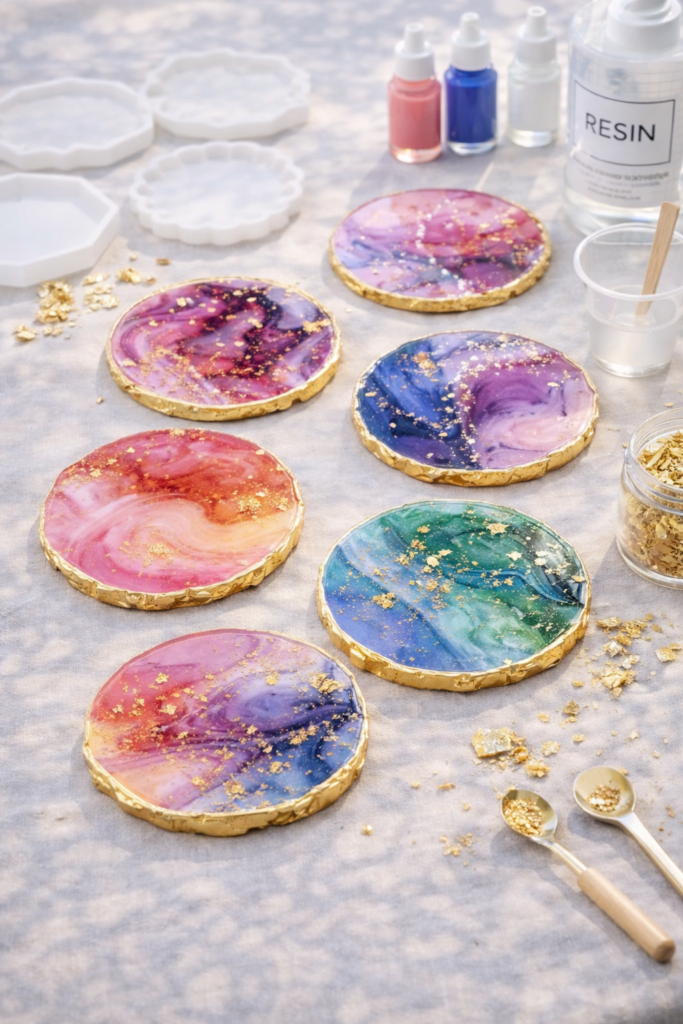 Resin coasters with gold flakes