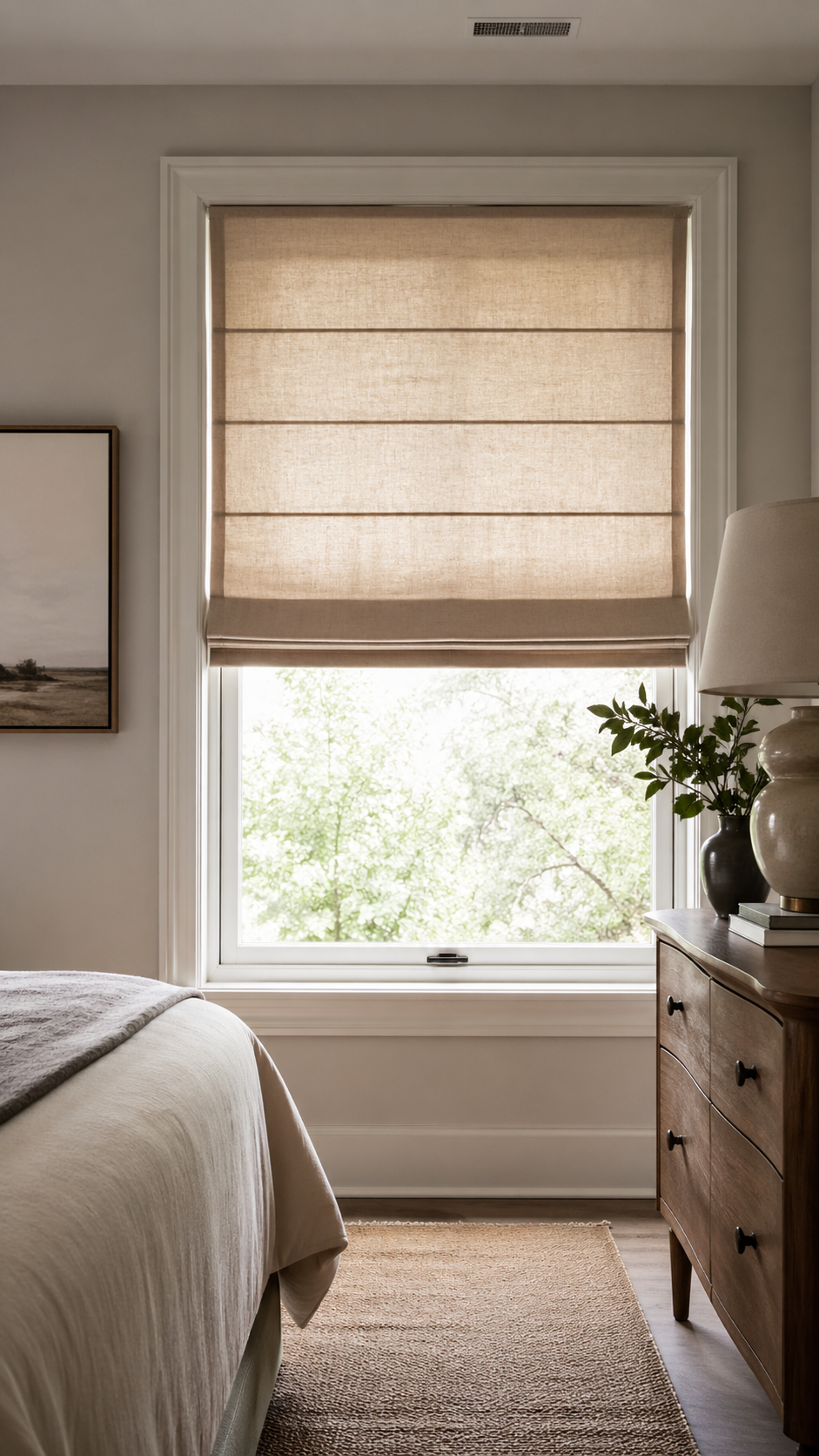 Roman shades in neutral linen creating a transitional window treatment