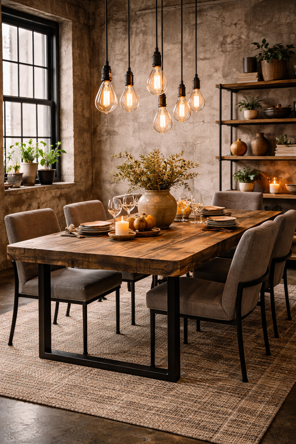 Edison bulb pendants above a reclaimed wood dining table